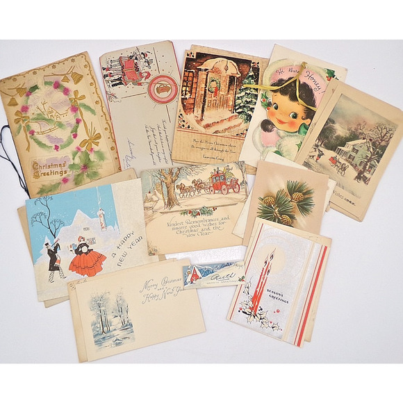 Vintage MCM Christmas Greeting Card Cute Girl Glitter Muff Happy New Year & more - Picture 2 of 16